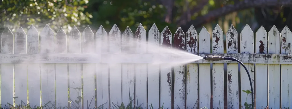 a high-pressure washer blasting away grime and oil from a pristine white fence in ponte vedra, revealing its clean and vibrant surface.